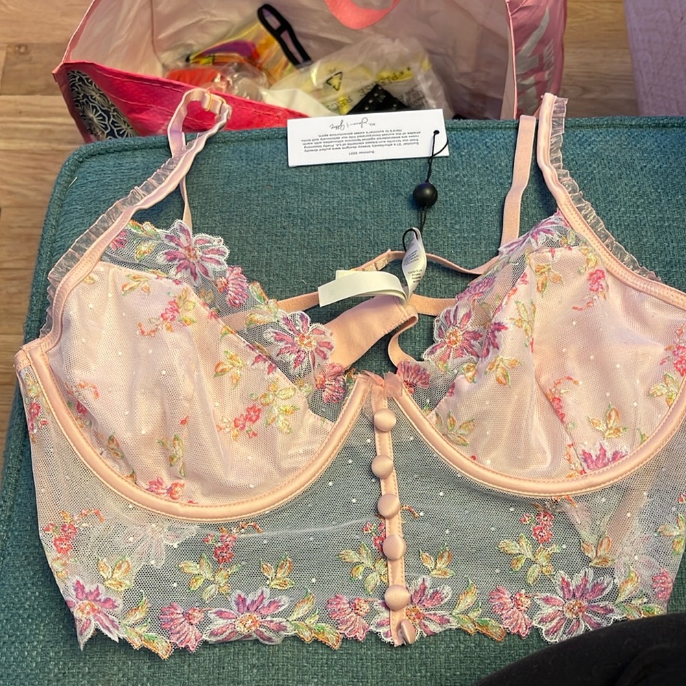 For Love And Lemons Floral Embroidered Bra - Pink and Green